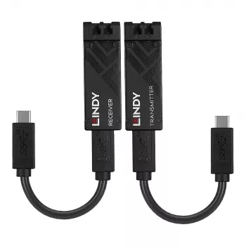 Extensor Lindy USB 3.2 Type-C em fibra ótica 100 m, transmissor e recetor de rede, 100 m, 10000 Mbit/s, fibra, USB 3.2 Gen 1 (3.1 Gen 1) Type-C, preto