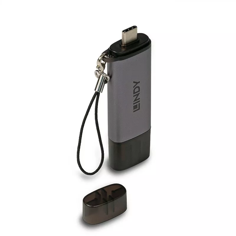 Leitor de cartões SD/MicroSD Lindy USB 3.2 Type-C e A, MiniSD, SD, preto, cinzento, 5000 Mbit/s, USB 3.2 Gen 1 (3.1 Gen 1) Type-A/Type-C, 78,5 mm, 22,5 mm