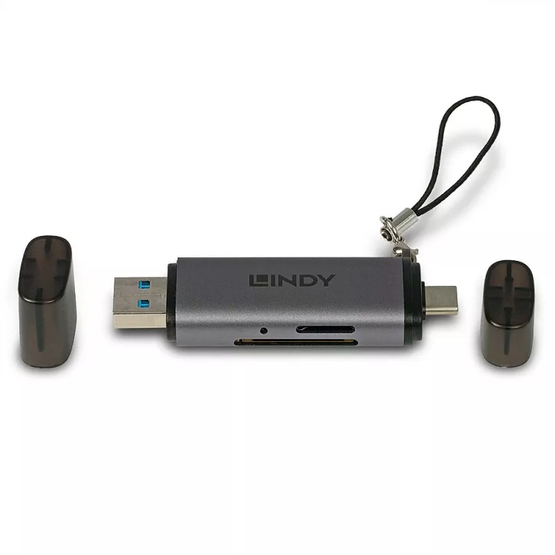 Leitor de cartões SD/MicroSD Lindy USB 3.2 Type-C e A, MiniSD, SD, preto, cinzento, 5000 Mbit/s, USB 3.2 Gen 1 (3.1 Gen 1) Type-A/Type-C, 78,5 mm, 22,5 mm