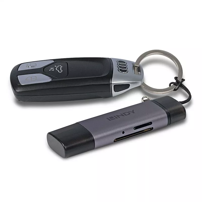 Leitor de cartões SD/MicroSD Lindy USB 3.2 Type-C e A, MiniSD, SD, preto, cinzento, 5000 Mbit/s, USB 3.2 Gen 1 (3.1 Gen 1) Type-A/Type-C, 78,5 mm, 22,5 mm