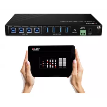 Comutador matriz Lindy 4x4 USB 3.2 Gen 1, 5 Gbit/s, preto, metal, botão rotativo, CE, FCC, RoHS & REACH, USB Type-A, USB Type-B