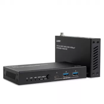 Extensor Lindy 100m Cat.6A 2 host USB 3.2 Gen 1 HDBaseT, transmissor e recetor de rede, 100 m, 480 Mbit/s, Cat6a, VS6320, bronze fosforoso