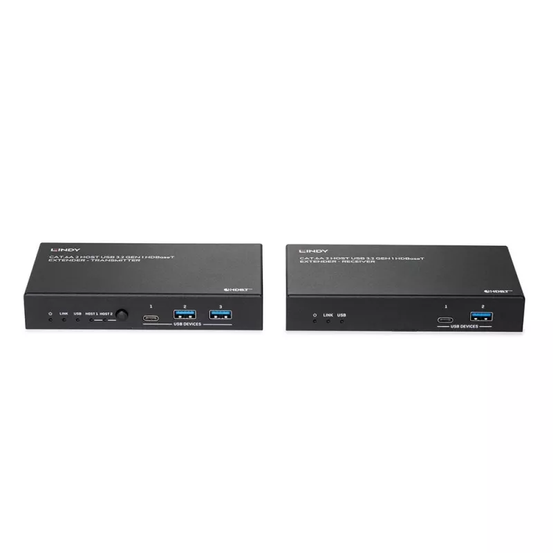 Extensor Lindy 100m Cat.6A 2 host USB 3.2 Gen 1 HDBaseT, transmissor e recetor de rede, 100 m, 480 Mbit/s, Cat6a, VS6320, bronze fosforoso