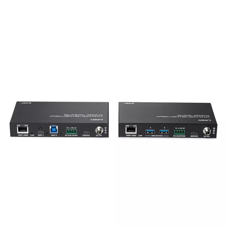 Extensor Lindy 100m Cat.6A 2 host USB 3.2 Gen 1 HDBaseT, transmissor e recetor de rede, 100 m, 480 Mbit/s, Cat6a, VS6320, bronze fosforoso