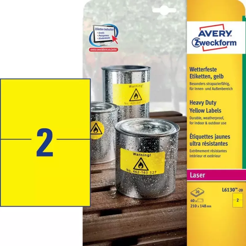 Etiqueta autocolante Avery L6130-20 retangular amarelo
