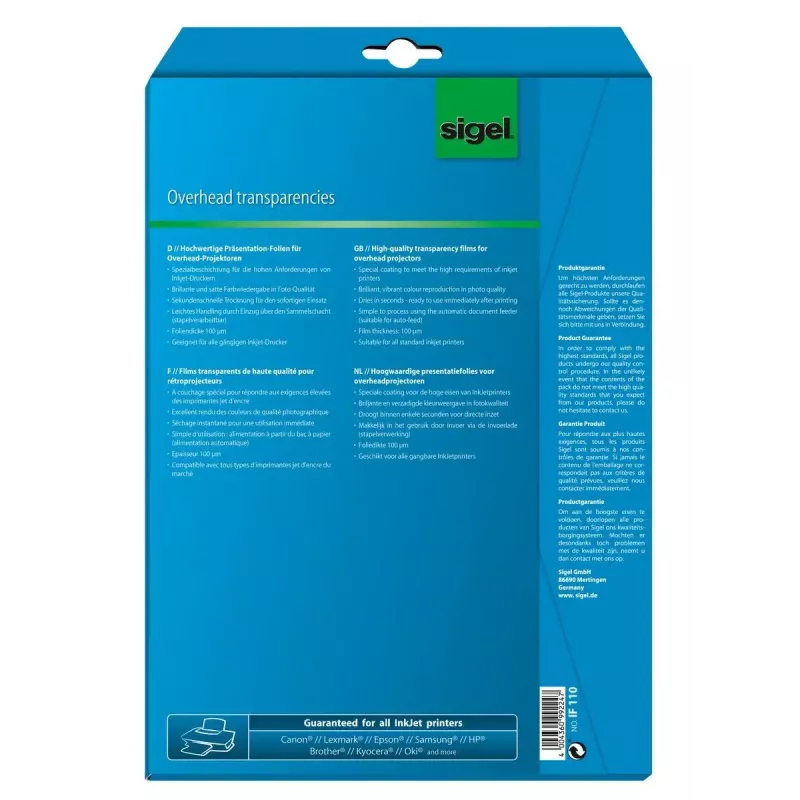 Película de impressão jato de tinta Sigel IF110 A4 transparente 10 folhas