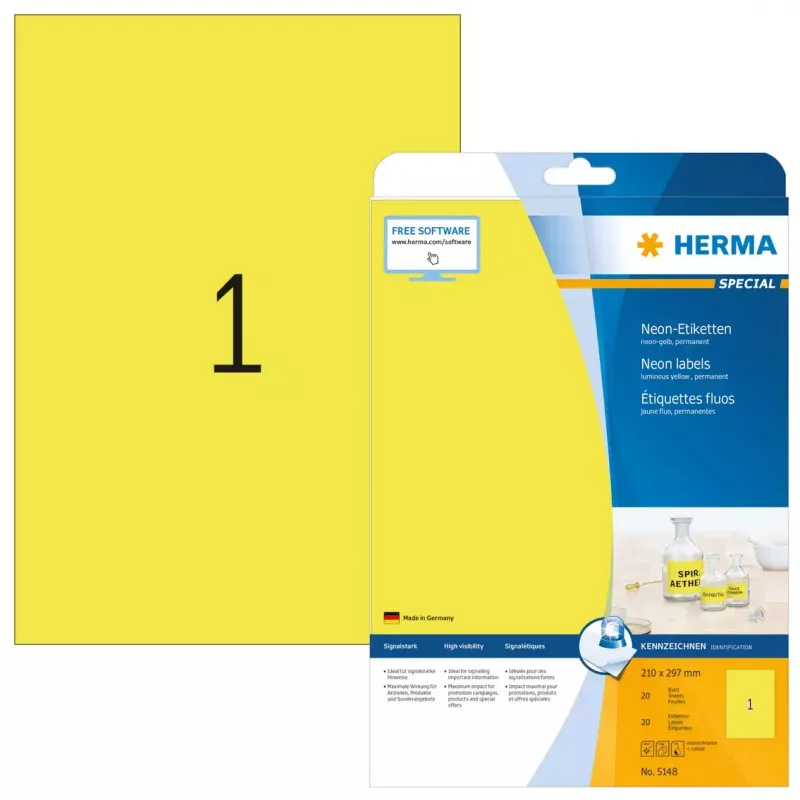 Etiquetas HERMA néon A4 210x297 mm amarelo vivo papel mate 20 unidades