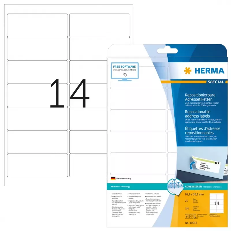 Etiquetas de endereço removíveis HERMA 99,1x38,1 mm branco 350 unidades