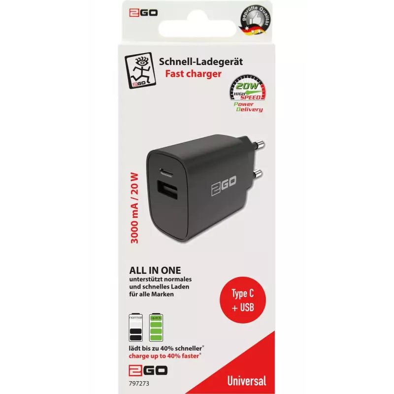 Carregador móvel 2GO 797273 universal preto carregamento rápido AC