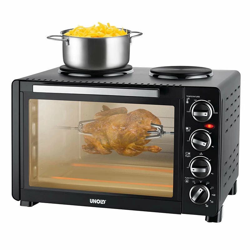 Unold Small kitchen all in one, fogão independente, preto, botão rotativo, preto, metal, vidro