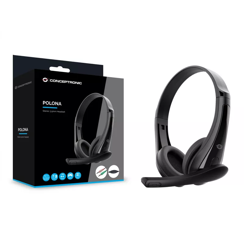 Headset com Fios CONCEPTRONIC POLONA06B3T, Estéreo 3,5 mm, Microfone com Cancelamento de Ruído, Supra-aural, 20–20000 Hz, Cabo de 1,8 m, Preto