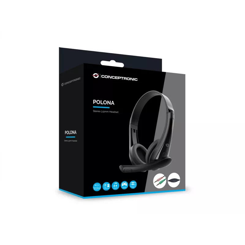 Headset com Fios CONCEPTRONIC POLONA06B3T, Estéreo 3,5 mm, Microfone com Cancelamento de Ruído, Supra-aural, 20–20000 Hz, Cabo de 1,8 m, Preto