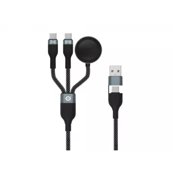 Cabo de Carregamento Rápido e Dados 3-em-1 USB A para 2× USB-C Conceptronic ETTA08B15 — 1,5 m, USB 2.0, 5 A, Carregador Apple Watch, 100 W E‑Mark
