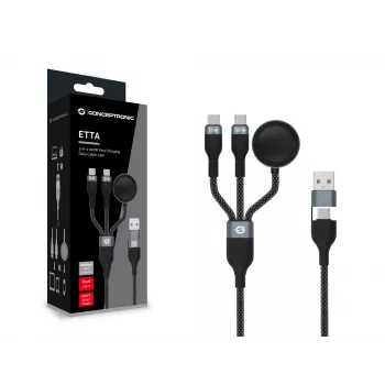 Cabo de Carregamento Rápido e Dados 3-em-1 USB A para 2× USB-C Conceptronic ETTA08B15 — 1,5 m, USB 2.0, 5 A, Carregador Apple Watch, 100 W E‑Mark