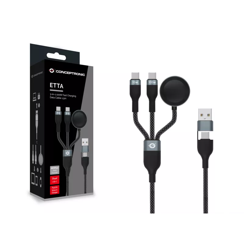 Cabo de Carregamento Rápido e Dados 3-em-1 USB A para 2× USB-C Conceptronic ETTA08B15 — 1,5 m, USB 2.0, 5 A, Carregador Apple Watch, 100 W E‑Mark