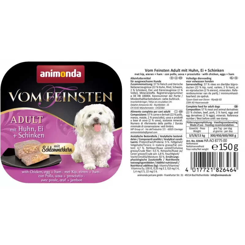 animonda Vom Feinsten Gourmet core Adult com frango, ovo e fiambre comida húmida para cães, 150 g