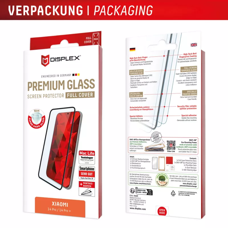 Vidro protetor de ecrã premium Displex (full cover, 10H) para Xiaomi Redmi Note 13 Pro+/Note 14 Pro(+), moldura de montagem Eco, full cover