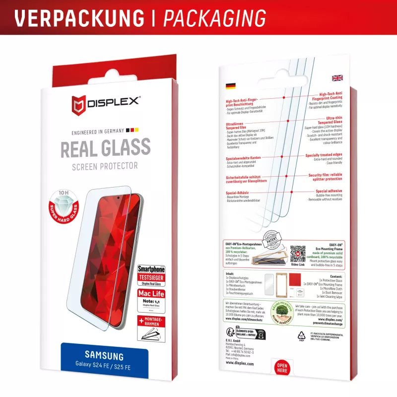 Proteção de ecrã Displex (10H) para Samsung Galaxy S25 FE/S24 FE, moldura de montagem Eco, anti-riscos