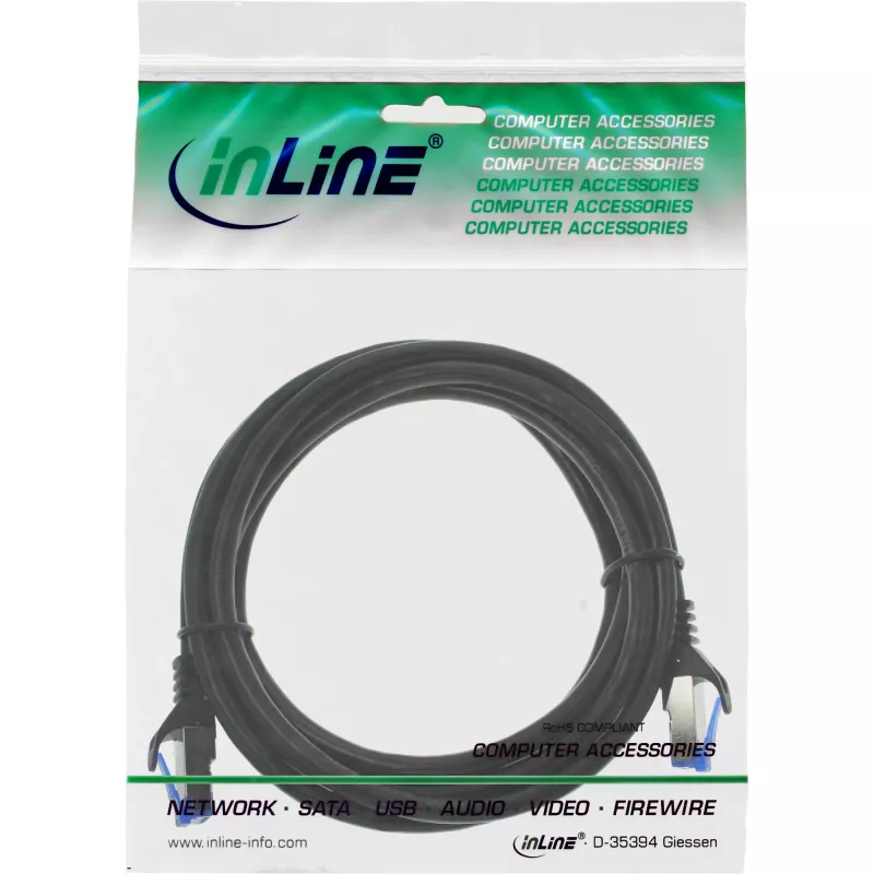 Cabo de rede InLine, Cat.6A, S/FTP, TPE flexível, preto, 0,25 m