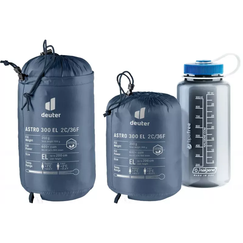 Saco-cama tipo múmia DEUTER Astro 300 EL +2 °C/36 °F — altura máxima do utilizador 200 cm, largura 790 mm, profundidade 520 mm, Ripstop azul
