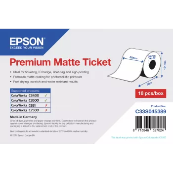 Epson Premium Matt Ticket - Rolo: 80 mm x 50 m, mate, 107 g/m², 1 unid., 107 mm, 108 mm, 89 mm