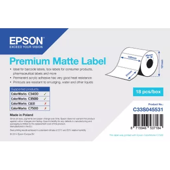 Etiqueta mate premium Epson – rolo pré-cortado: 102 mm x 51 mm, 650 etiquetas