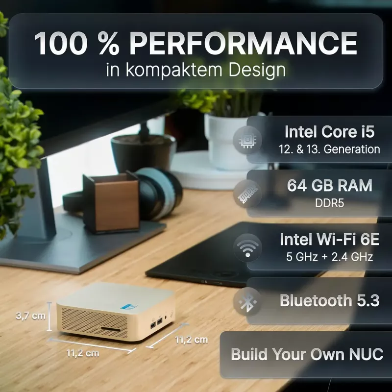 Mini PC FutureNUC Lux NUC 13i5HL – Intel Core i5-13420H, 16 GB DDR4, 512 GB SSD, Intel Iris Xe, Windows 11 Pro, dourado