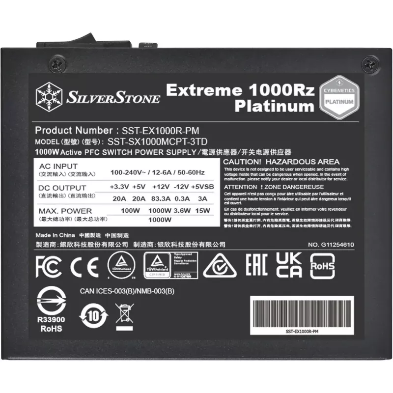 Silverstone Technology Extreme 1000Rz Platinum (preto, 2x 12 pinos GPU de alto desempenho, 8x PCIe, gestão de cabos, 1000 Watt)