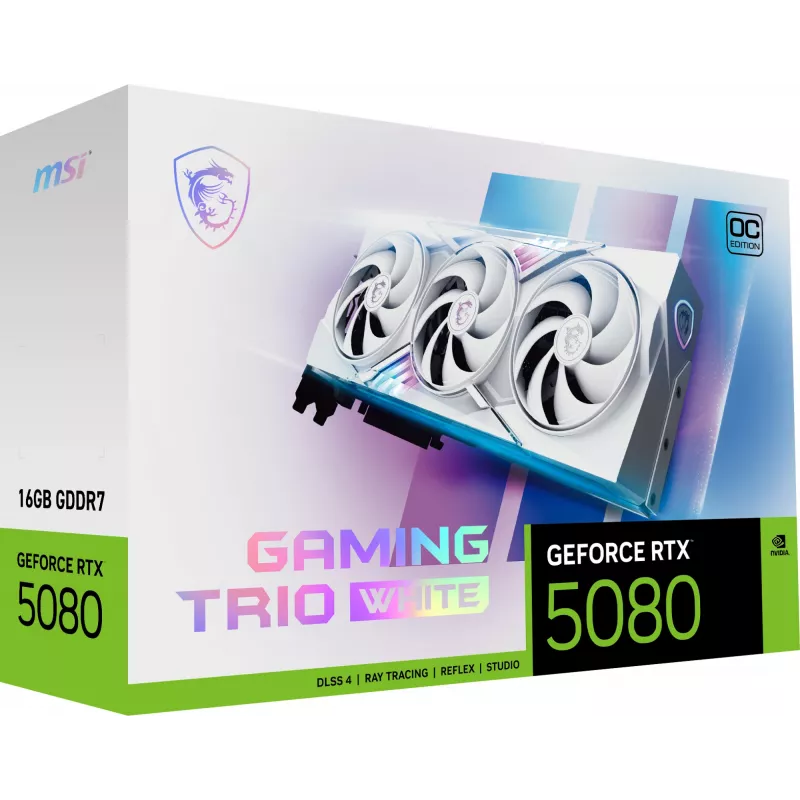 Placa gráfica MSI GeForce RTX 5080 16 GB GDDR7, PCIe 5.0, 256-bit, 3xDP 2.1a + HDMI 2.1b, 360 W, 3 ventoinhas, branco
