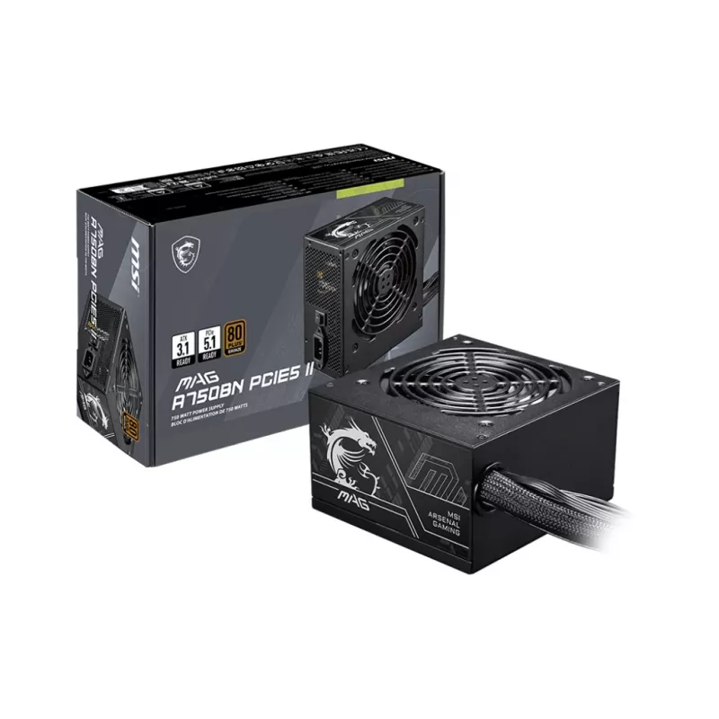 Fonte de alimentação MSI MAG A750BN PCIE5 II 750 W, 24-pin ATX, não modular, 80 PLUS Bronze, ventoinha de 120 mm, preto