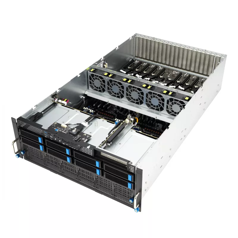 Servidor rack ASUS ESC8000A-E12-SKU2 (4U) – suporta 2× AMD EPYC 9004, DDR5 até 6 TB, 24 DIMM, fonte de alimentação 3000W