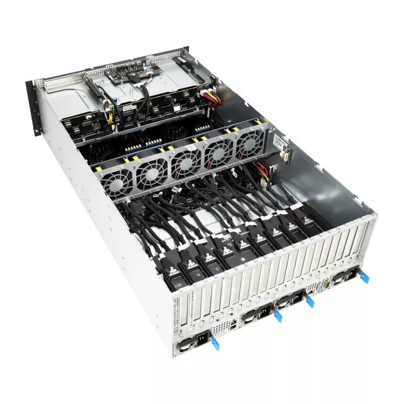 Servidor rack ASUS ESC8000A-E12-SKU2 (4U) – suporta 2× AMD EPYC 9004, DDR5 até 6 TB, 24 DIMM, fonte de alimentação 3000W