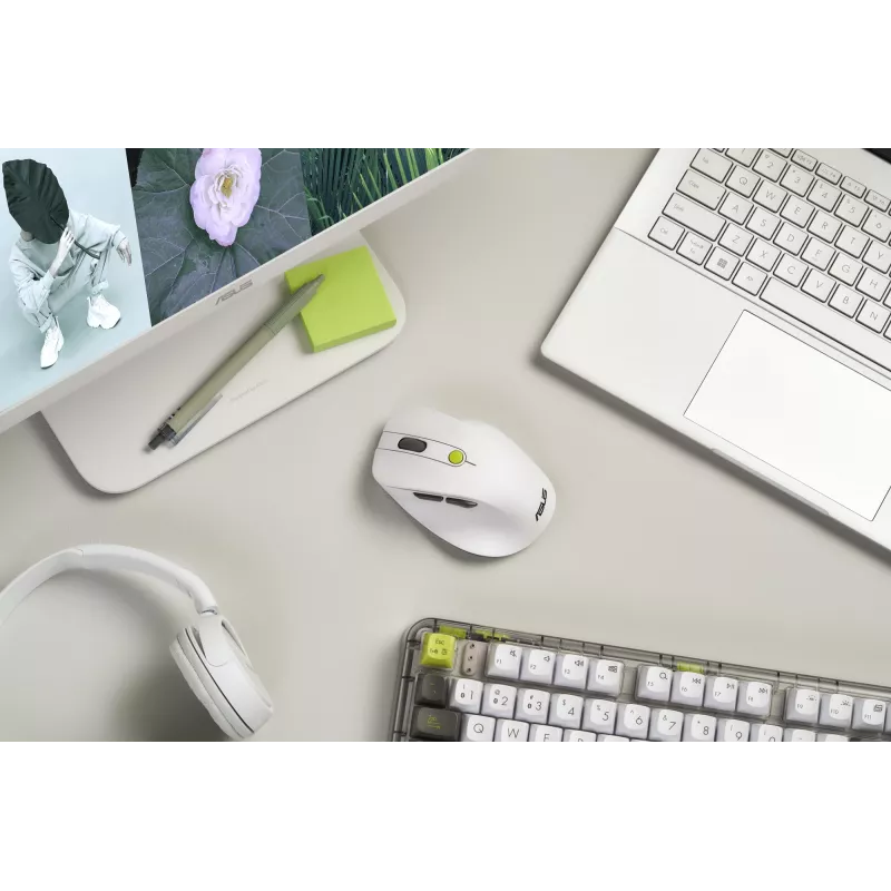 Rato ASUS MD105 /VT-GN — destro RF sem fios + Bluetooth, 2400 DPI, roda de deslocamento, alimentado por pilha, branco/verde