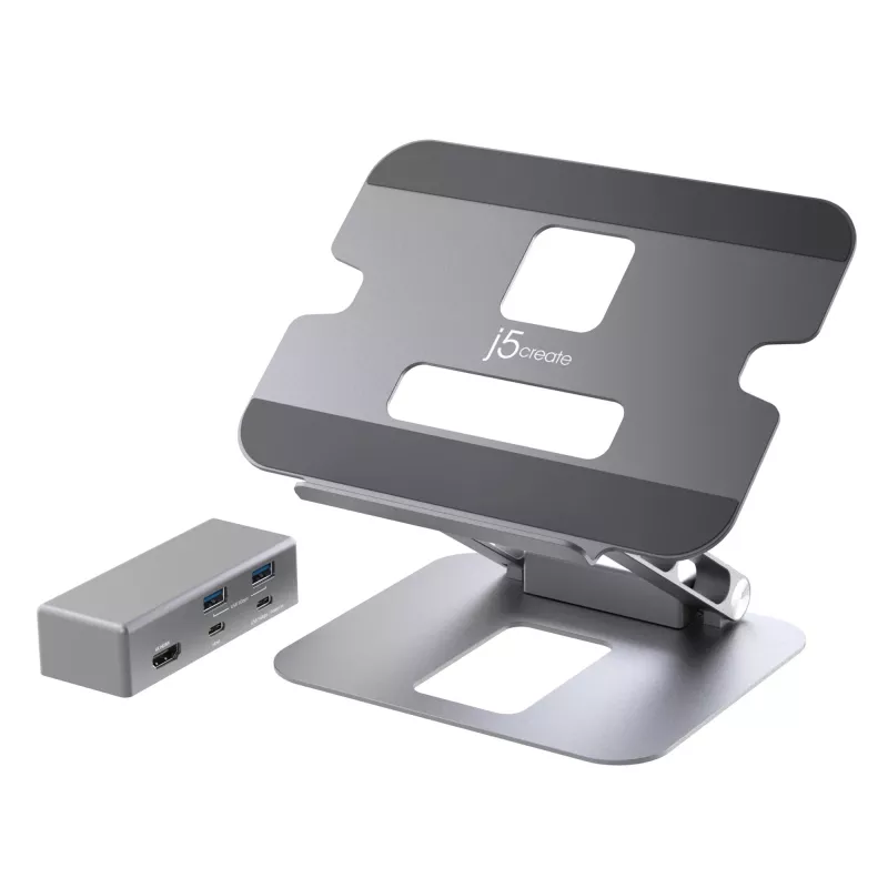 j5create JTS327 Suporte de acoplagem multângulo 4K, suporte para portátil, cinzento, alumínio, 40,6 cm (16
