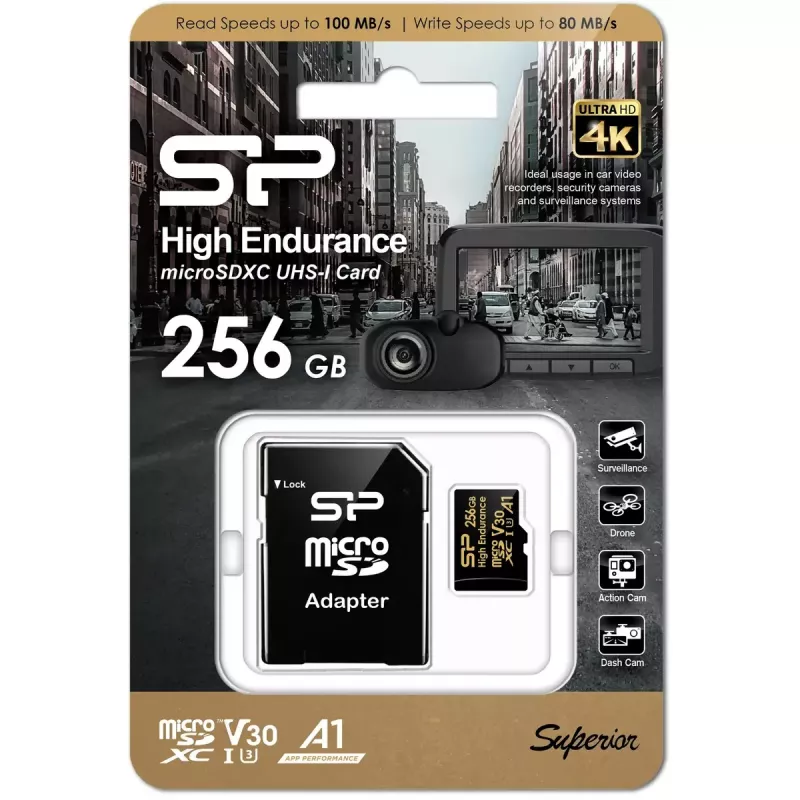 Cartão MicroSDXC Silicon Power SP256GBSTXDV3V1HSP 256 GB Class 10 High Endurance, 3,6 V, 0–70°C