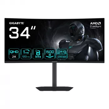 Monitor gaming curvo GIGABYTE GS34WQCA 34 polegadas WQHD – 3440 x 1440, 1500R, 120 Hz, 1 ms, 300 cd/m², FreeSync Premium, HDR Ready, HDMI 2.0, DisplayPort 1.4