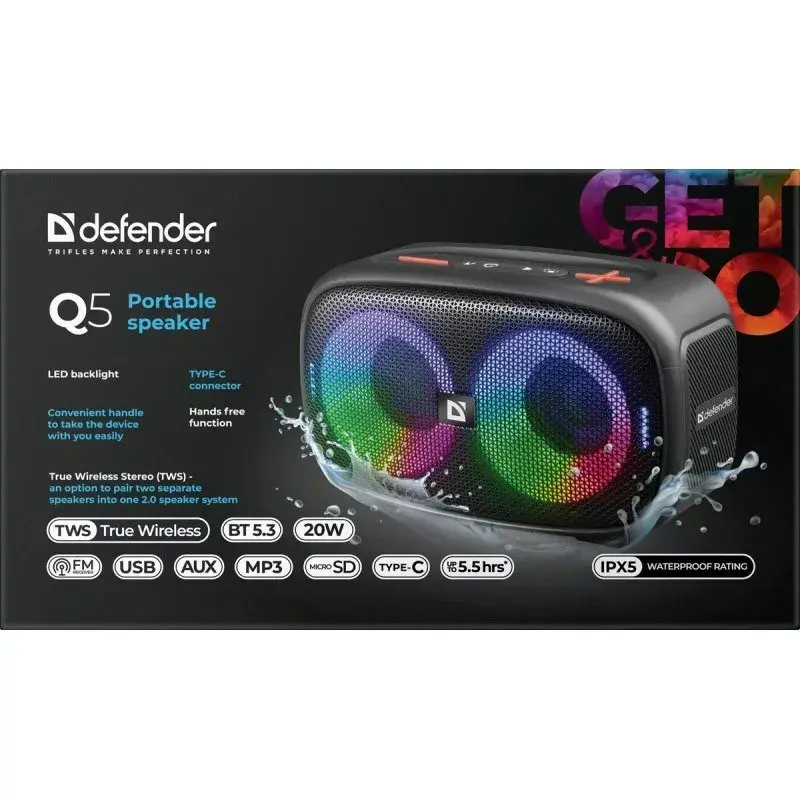 Altifalante Bluetooth portátil Defender Q5 estéreo, 20W, iluminação LED, rádio FM, TWS