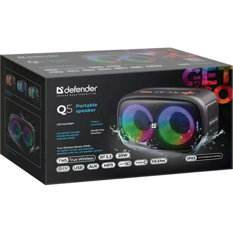 Altifalante Bluetooth portátil Defender Q5 estéreo, 20W, iluminação LED, rádio FM, TWS
