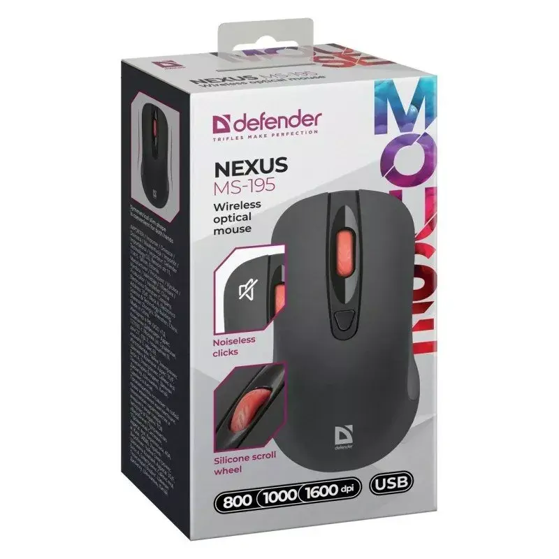 Rato ótico RF silencioso sem fios DEFENDER Nexus MS-195 — 1600 DPI, 2,4 GHz, Nano-USB, ambidestro, 2×AAA, preto