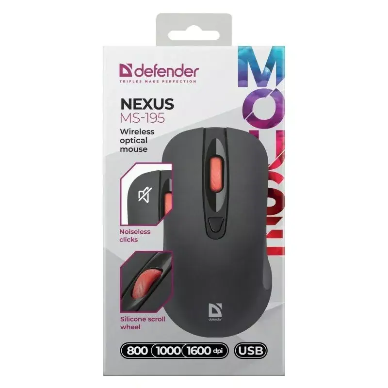 Rato ótico RF silencioso sem fios DEFENDER Nexus MS-195 — 1600 DPI, 2,4 GHz, Nano-USB, ambidestro, 2×AAA, preto