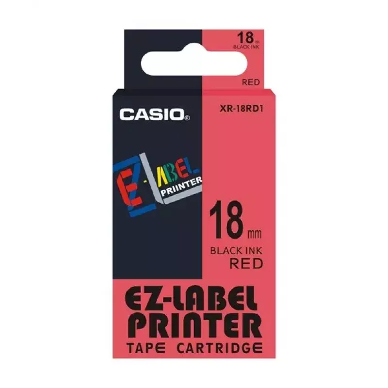 Fita de etiquetar Casio XR-18RD1 preto sobre vermelho