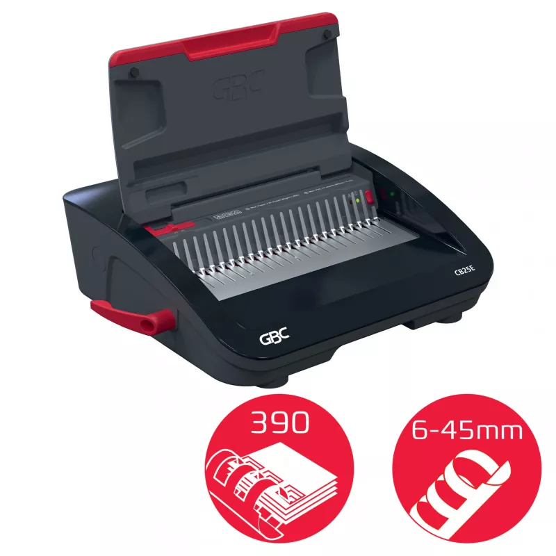 Encadernadora elétrica GBC CombBind® CB25E, encadernadora de pente, elétrica, 390 folhas, preto, vermelho