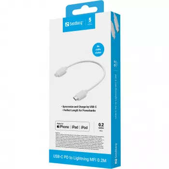 Sandberg USB-C PD para Lightning MFI 0.2M, 0,2 m, Lightning, USB C, ficha, ficha, branco