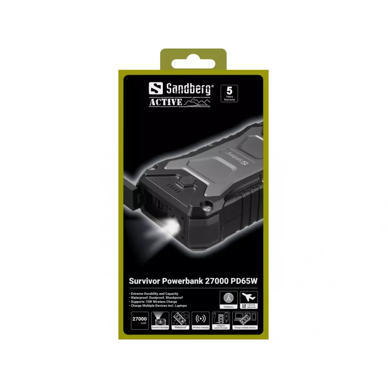 Sandberg Survivor Powerbank 27000 PD65W, 27000 mAh, Power Delivery, Quick Charge 3.0, carregamento sem fios, preto