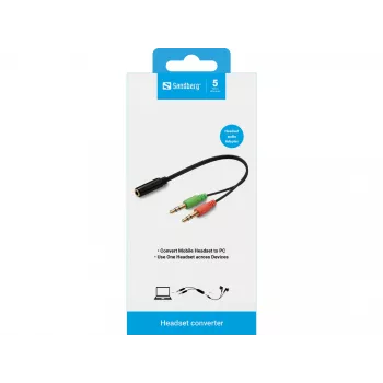 Adaptador de headset Sandberg (móvel) PC, 2 x 3,5 mm, ficha, 3,5 mm, conector fêmea, preto