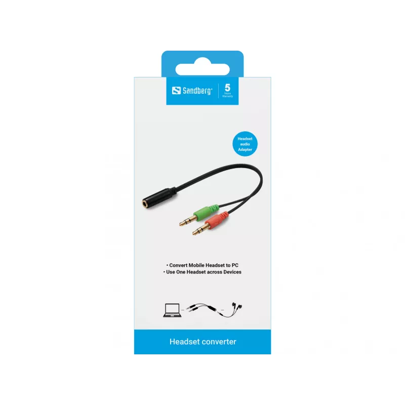 Adaptador de headset Sandberg (móvel) PC, 2 x 3,5 mm, ficha, 3,5 mm, conector fêmea, preto