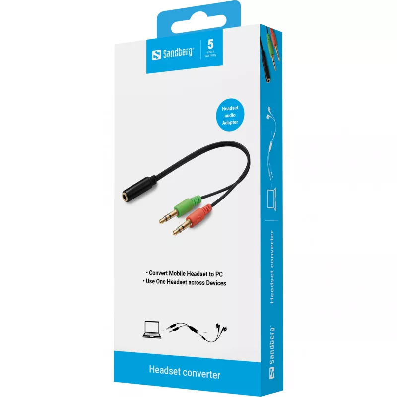 Adaptador de headset Sandberg (móvel) PC, 2 x 3,5 mm, ficha, 3,5 mm, conector fêmea, preto