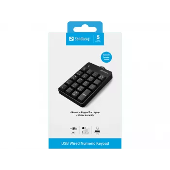 Teclado numérico com fio USB Sandberg, USB, 19, portátil/PC, 1,5 m, preto
