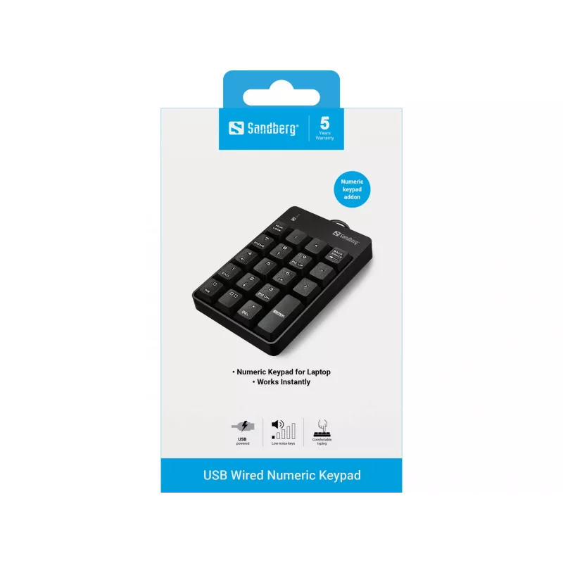 Teclado numérico com fio USB Sandberg, USB, 19, portátil/PC, 1,5 m, preto
