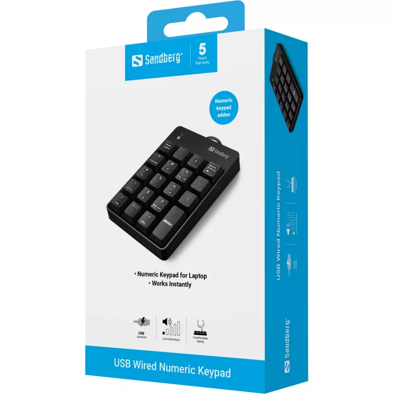 Teclado numérico com fio USB Sandberg, USB, 19, portátil/PC, 1,5 m, preto